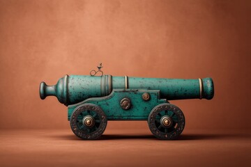 teal antique cannon with rivets and rust detailing on terracotta background