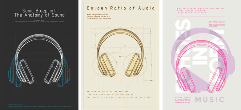 A conceptual triptych of headphone posters designed as acoustic blueprints. A fusion of audio engineering, minimal graphics, and technical elegance—sound visualized with precision. - Powered by Adobe