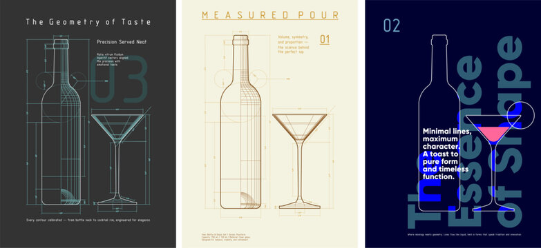 A triptych of cocktail posters featuring bottle and glass silhouettes as technical drafts. Where mixology meets geometry—every line refined, every shape engineered to pour elegance.