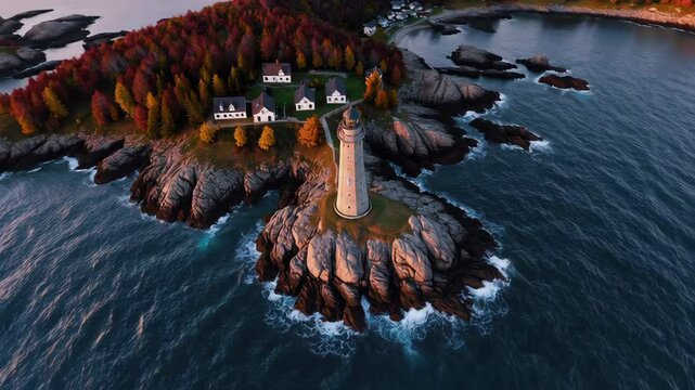 Curving coastline surrounding a lighthouse on a rocky island