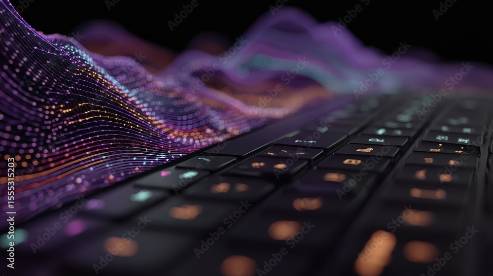 Poster Keyboard with Data Visualization Showing on Screen during Evening