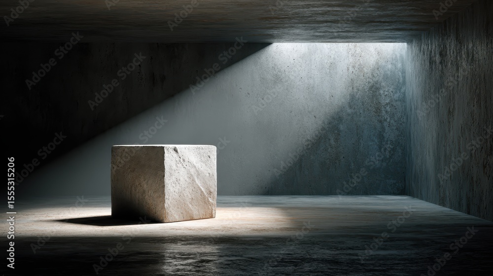 Poster Light shines on concrete cube in dark room from above creating dramatic shadow, minimalist composition