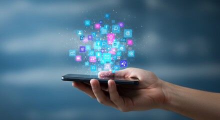 Hand Holding Smartphone with Glowing App Icons on Blue Background