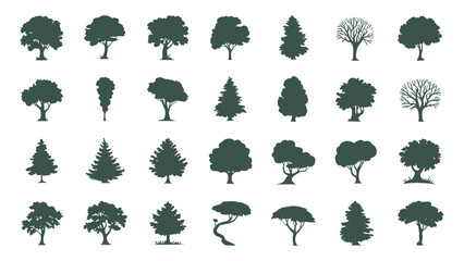 Diverse Tree Silhouette Vector Collection Featuring Various Forest, Deciduous, and Evergreen Species for Nature Illustrations, Eco Logos, Landscaping Designs, Woodland Patterns, and Environmental Art