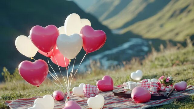A romantic picnic scene with heart balloons, set against the backdrop of a scenic hillside at sunset.