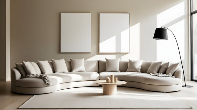 Modern curved sectional sofa with plush pillows and a minimalist coffee table in a sunlit room