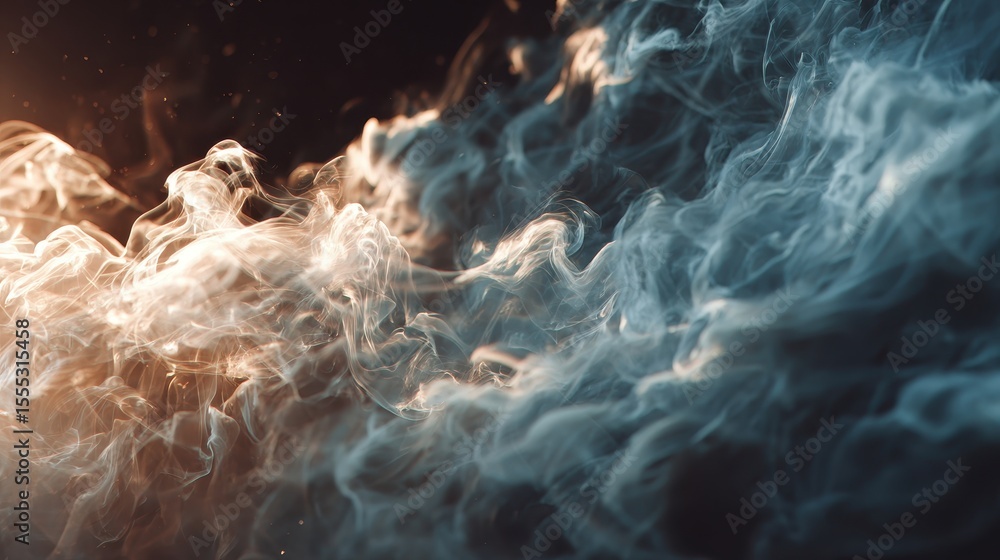 Poster abstract swirls of blue and bronze smoke blend together in a dark mysterious void creating a dramati