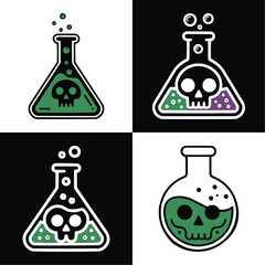 Toxic Chemical Flask Icon Set with Skull and Bubbles in Cartoon Poison Symbol Style for Science Graphics, Halloween Designs, Hazard Labels, Spooky Illustrations, and Laboratory Warning Concepts