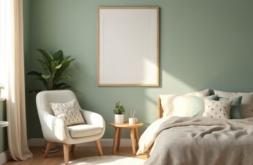 Fototapeta premium Cozy bedroom interior with framed poster mockup. White armchair with pillow. Wooden round table with plant. Light pastel green wall. Decor, home, minimal style. Perfect for artwork, print display,