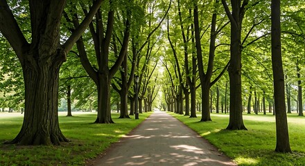 Obraz premium Serene Pathway Through a Lush Green Park with Towering Trees and Dappled Sunlight