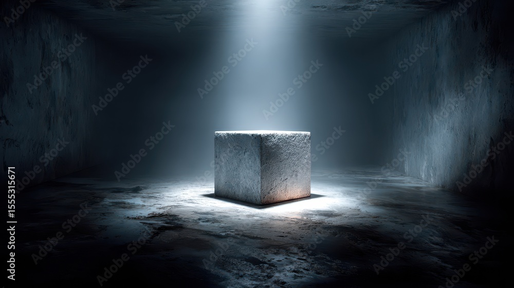 Poster Light shines on concrete cube in dark room from above creating dramatic shadow, minimalist composition