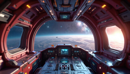 Obraz premium Spaceship cockpit view through panoramic window. Futuristic design. Earth, stars in background. Cockpit interior. Space travel concept. Technology, exploration, science, mission, travel, journey