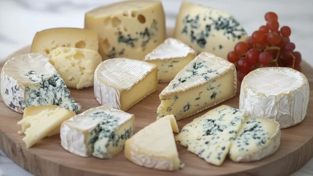 A variety of blue cheeses on a wooden plate, ready to be savored.