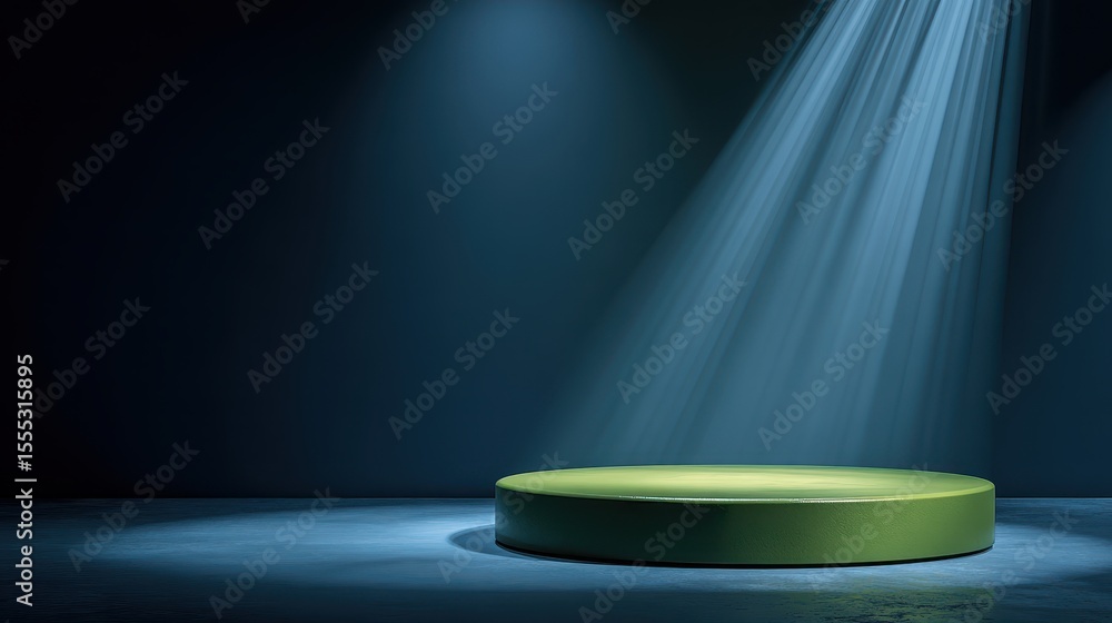 Poster empty three tiered stage platform under blue spotlights for product display and presentation, with g