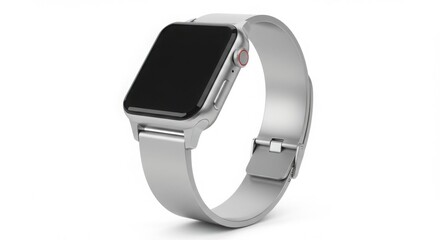 A silver digital smart watch with a black screen on a white background, symbolizing modern technology and connectivity.