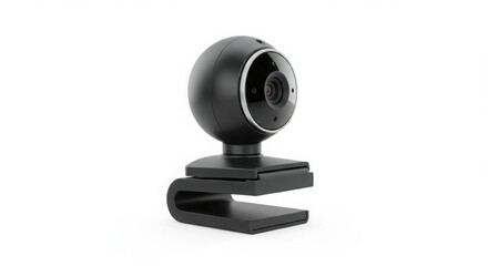 Black webcam or camera device with a circular lens and clamp stand. Digital video communication technology product for streaming.