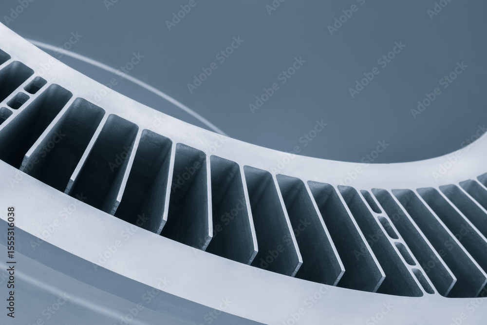 Poster metal piece with a pattern created by a 3D printer. lines are arranged in a spiral pattern, creating a sense of movement and energy. Adaptive technologies concept background