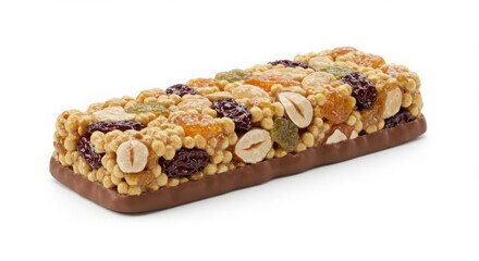 Granola nut fruit bar with chocolate base and white background. Healthy food concept for snack, breakfast.