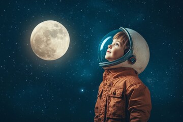 Curious young child in spacesuit gazing at moonlit night sky