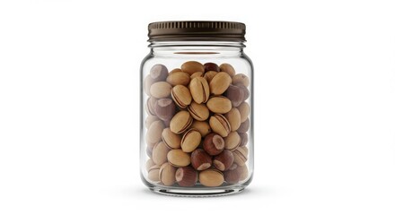 A clear glass jar filled with a mix of shelled hazelnuts and pistachios, food storage concept for healthy snack or ingredient.