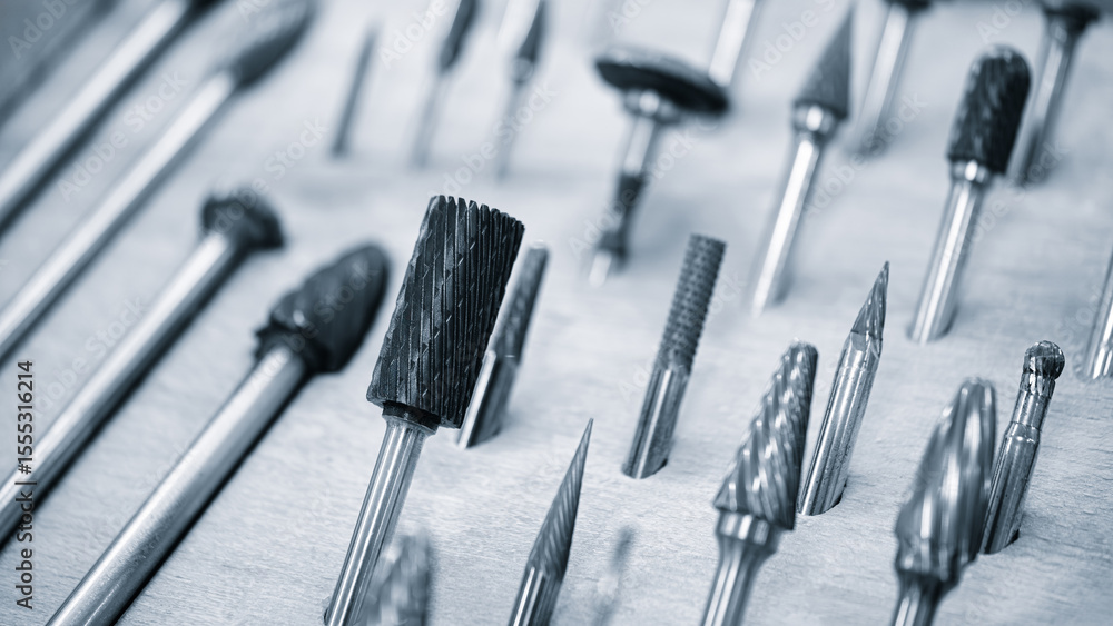 Poster various types of drill bits. display is organized and bits are arranged in a way that makes it easy to see the differences between them blue tone