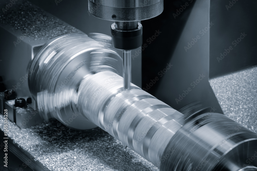 Aufkleber CNC Hi-precision rotation milling machine with cutting sample in blue-silver tone. micro cutting technique in precision part blue tone