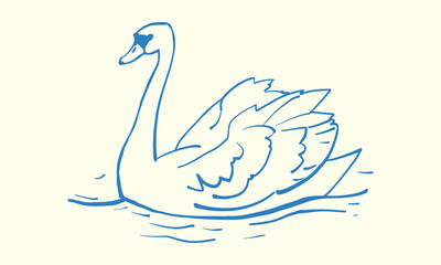 Hand drawn illustration of a swimming swan. Vector outline illustration isolated on a color background. 