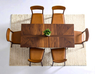 Mid-Century Modern Teak Dining Set with Leather Chairs and Cream Rug – Top-Down Isolated