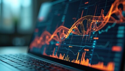 Biotechnology sector analysis through DNA helix market graph visualization on laptop screen. Analysis of trends, research, investments in biotech industry with modern tech solutions, innovations.