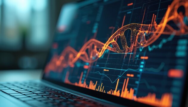 Biotechnology sector analysis through DNA helix market graph visualization on laptop screen. Analysis of trends, research, investments in biotech industry with modern tech solutions, innovations.