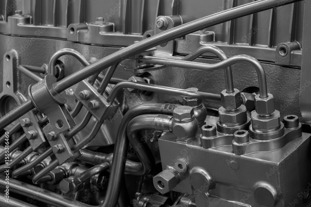 Poster close up of a large engine with many pipes and valves. concept of complexity and intricacy, as the v