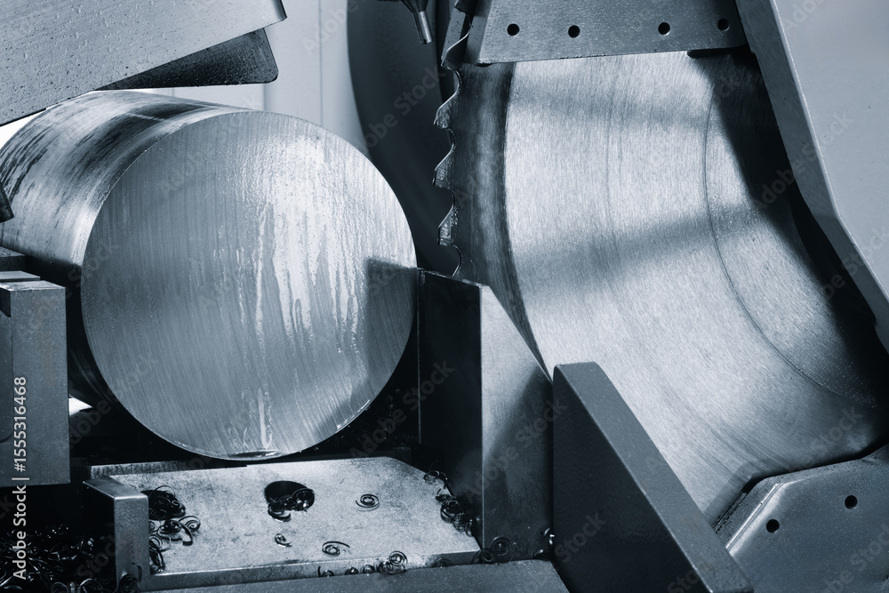 Poster automatic circular saw cutting large metal part with round cross-section, industrial concept backgro