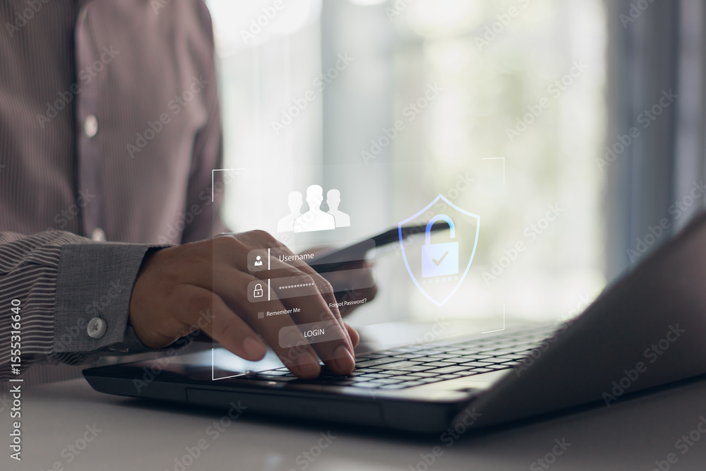 Fototapete Cyber security login interface with password authentication for account protection and data safety using secure system in digital environment. Businessmen using laptop to secure access personal data.