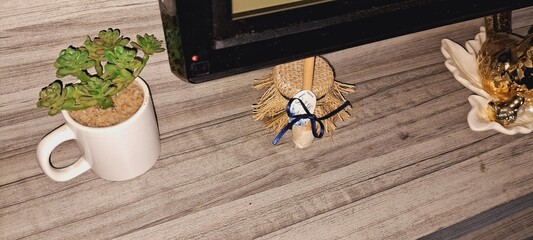 Decorative ornaments on top of a bookshelf
