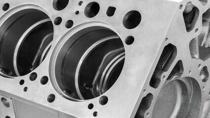 Close-up of engine cylinder block undergoing service repair, industrial service repair concept...