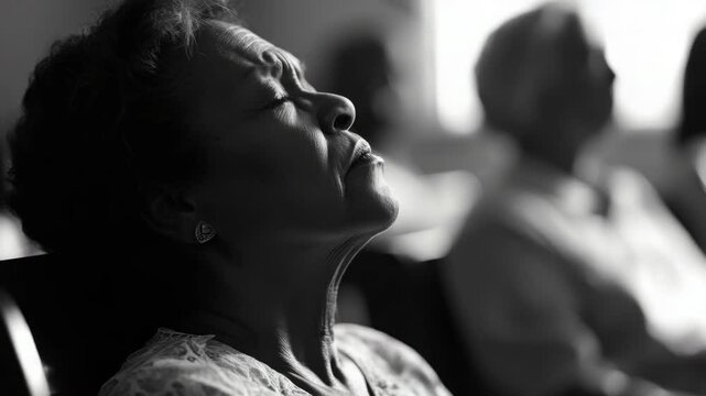 Several people attending a religious service, sitting close together and engaging in prayer or listening to a sermon.
