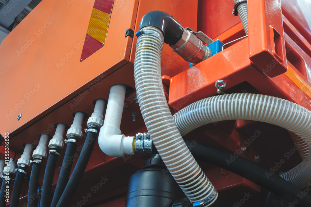 Poster large orange machine with many white pipes and wires industrial background for a web banner template