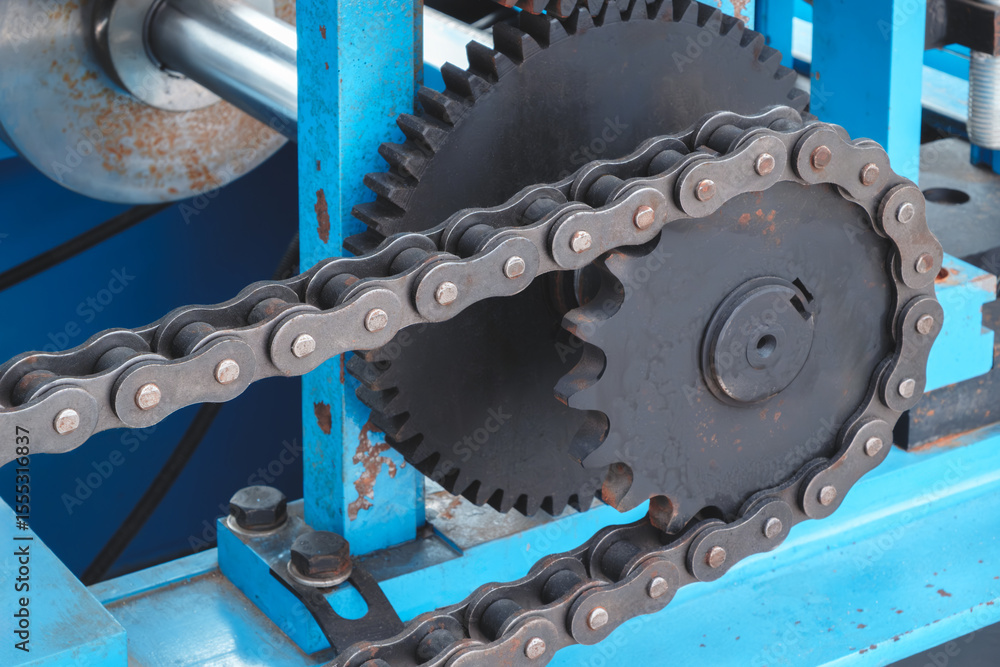 Poster chain is attached to a gear and is being used to power a machine. the chain is made of metal and is 