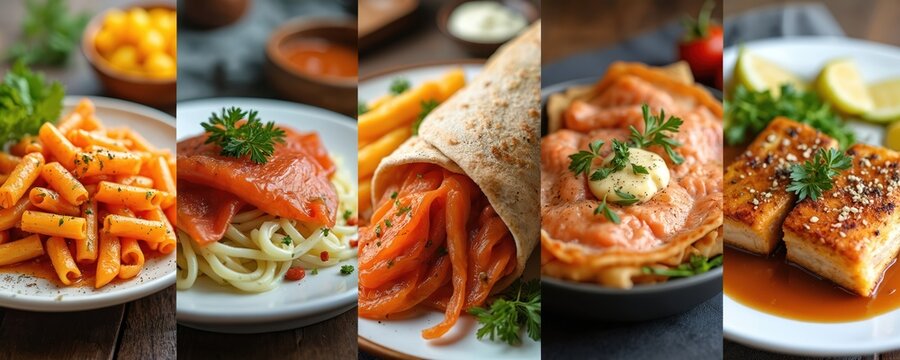 Collage varied delicious food assortment. Meat fish vegetable dishes. Pasta, salmon, crepe with butter, fish with sauce. Fresh healthy meals for cafe menu, restaurant.