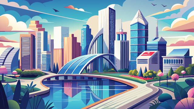 Tall glass buildings rise along the winding river, . The bridges arch gracefully, and flower boxes line the walkways. In the background, Lake Michigan glimmers softly under a clear sky. It&rsquo;s a powerfu