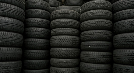 A close up shot of stacked car tires showing the tread patterns and the texture of the rubber material