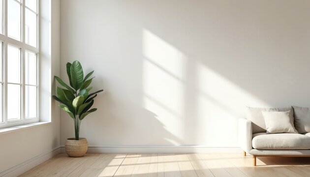 Modern living room design with blank white wall mockup, sofa. Light, minimalistic interior with plant, sunlight shadow. Perfect for advertising, interior design projects. Modern home decor.