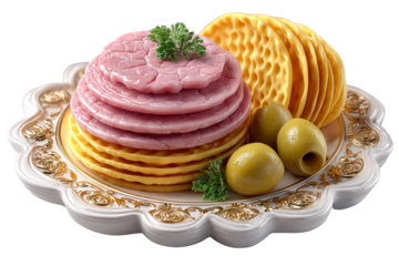 Sliced deli meats arranged elegantly on a decorative plate with yellow wafers and green olives garnished with parsley on a white background