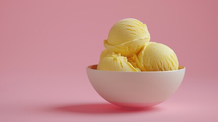 Delightful scoop of yellow ice cream in bowl for world ice cream day celebration. Horizontal banner. Copy space. Free space for text. Yellow ice cream on a pink background
