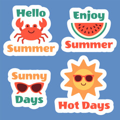 Bright summer sticker set featuring cartoon sun, crab, watermelon slice, sunglasses with fun holiday quotes. Hello Summer, Enjoy Summer, Hot Days, Sunny Days. Blue isolated background. Flat vector.