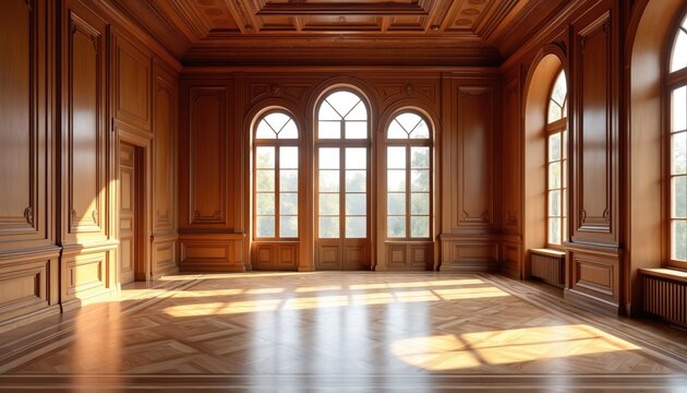 Grand wooden room interior with parquet flooring and large windows. Empty hall with classic ornate design. Wooden paneling, symmetric ceiling, light, bright, roomy space, luxury design.