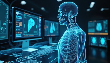Digital twin simulation for personalized medicine shows skeletal human model. Medical data, treatment outcomes prediction displayed on computer screens. Modern healthcare technology, futuristic 3D