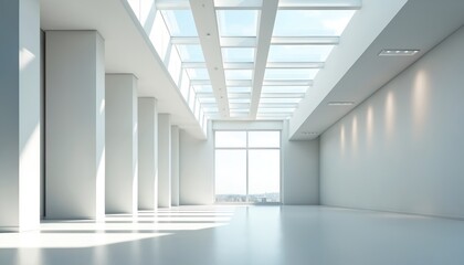 Fototapeta premium Modern interior with bright skylights and white walls, creating clean open atmosphere. Empty room showroom with big windows. Minimalist design concept, ample space for display.