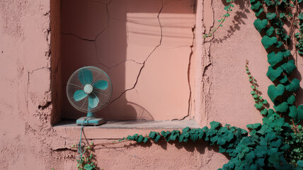 Old turquoise fan in a cracked pink wall niche, partially covered by green ivy.
