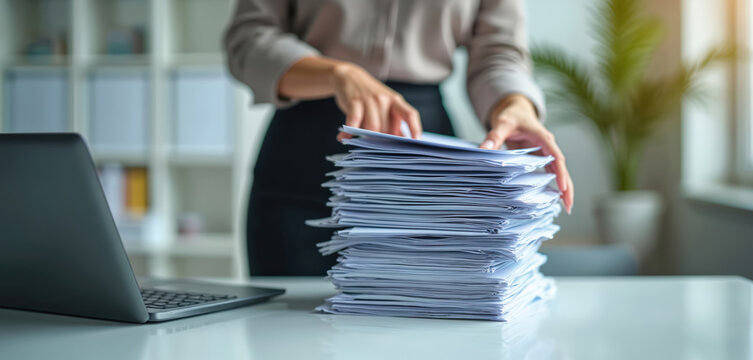 Businesswoman works with documents in office. Woman holds stack of paper near laptop. Employee deals with paperwork. Office routine, bureaucracy. Overwork, document flow, data processing.